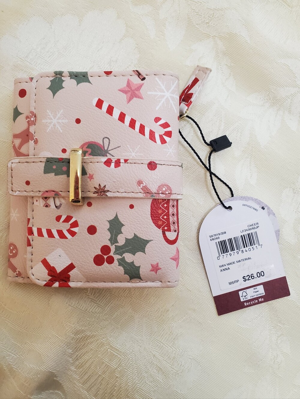 NWT Mundi Anna Indexer Pink Wallet Candy Cane Gingerbread Hot Cocoa Print